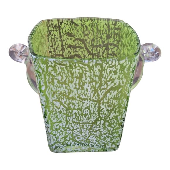 Mid Century Ice Bucket Crackle Art Glass Green Vase Mad Men Barware Vintage - Picture 4 of 10